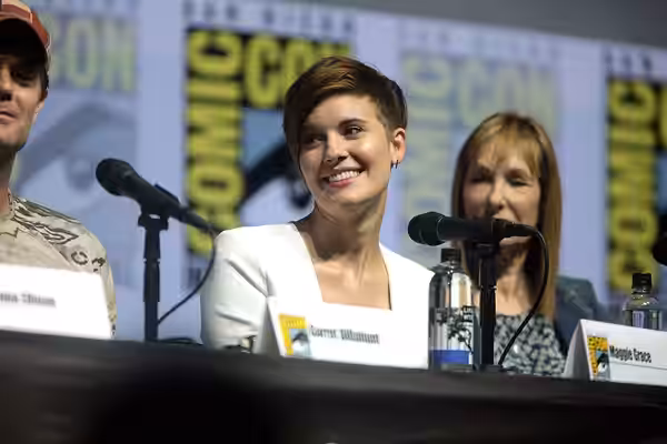 Maggie Grace speaking at the 2018 San Diego Comic Con International, for "Fear the Walking Dead", at the San Diego Convention Center in San Diego, California. P
