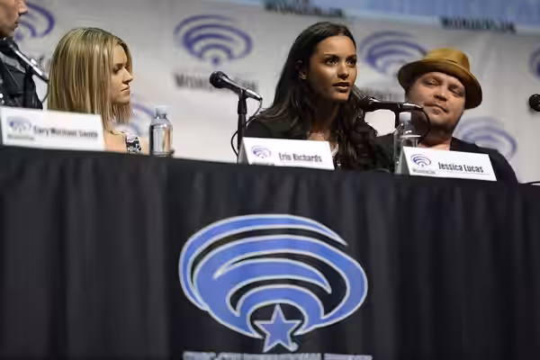 Erin Richards, Jessica Lucas and Drew Powell speaking at the 2017 WonderCon, for "Gotham", at the Anaheim Convention Center in Anaheim, California. Please attri
