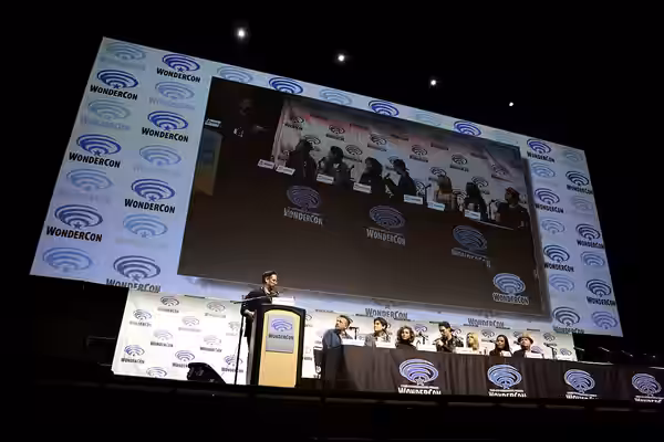 Damian Holbrook, Danny Cannon, David Mazouz, Camren Bicondova, Cory Michael Smith, Erin Richards, Jessica Lucas and Drew Powell speaking at the 2017 WonderCon, 