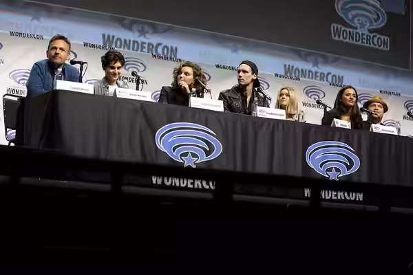 Danny Cannon, David Mazouz, Camren Bicondova, Cory Michael Smith, Erin Richards, Jessica Lucas and Drew Powell speaking at the 2017 WonderCon, for "Gotham", at 