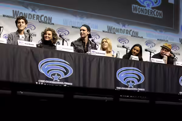 David Mazouz, Camren Bicondova, Cory Michael Smith, Erin Richards, Jessica Lucas and Drew Powell speaking at the 2017 WonderCon, for "Gotham", at the Anaheim Co