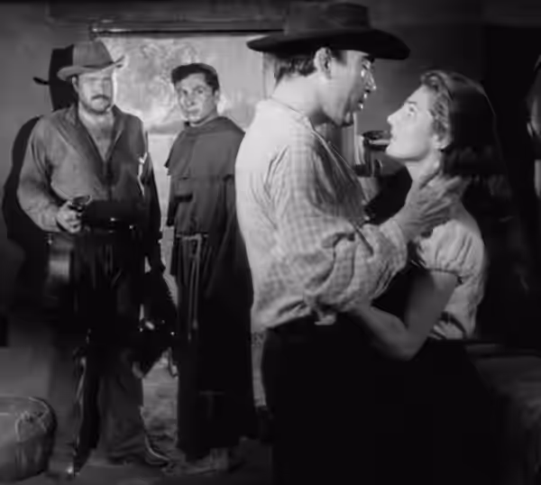 L. to R.: William Conrad, Victor Millan, Anthony Quinn et Lita Milan in The Ride Back - trailer (cropped screenshot) (1957)