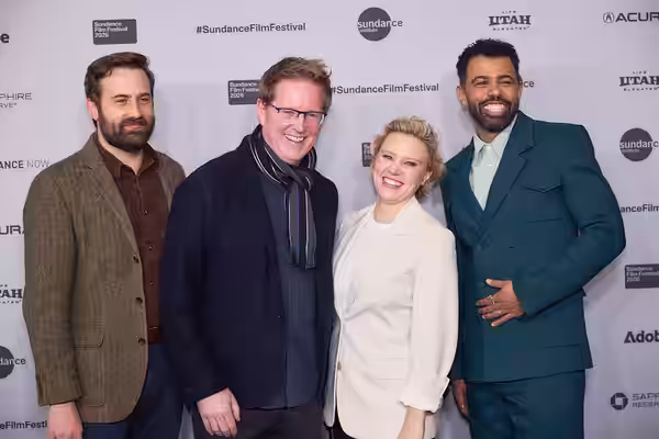 Colby Day, Andrew Stanton, Kate McKinnon and Daveed Diggs at the 2026 Sundance Film Festival for In the Blink of an Eye
