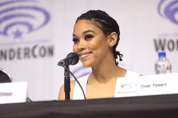 Alexandra Shipp speaking at the 2019 WonderCon, for "Dark Phoenix", at the Anaheim Convention Center in Anaheim, California. Please attribute to Gage Skidmore i