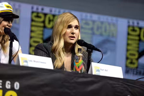 Hari Nef speaking at the 2018 San Diego Comic Con International, for "Assassination Nation", at the San Diego Convention Center in San Diego, California. Please