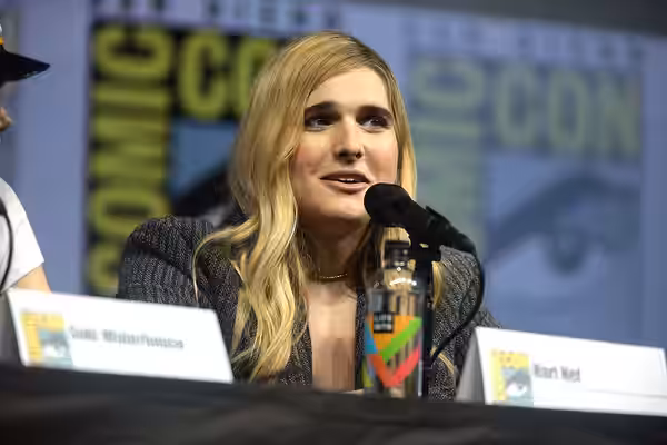Hari Nef speaking at the 2018 San Diego Comic Con International, for "Assassination Nation", at the San Diego Convention Center in San Diego, California. Please