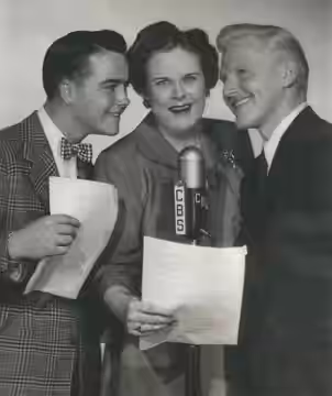 Photo from the radio program The Aldrich Family. From left: Dick Jones (Henry Aldrich), Katherine Raht (Mrs. Aldrich) and House Jameson (Mr. Aldrich). (1944)