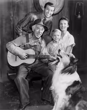 Photo of the Lassie cast in 1957. Clockwise from left: George Chandler, Jon Shepodd, Cloris Leachman and Jon Provost.