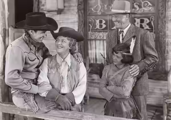 L. to R. : Wild Bill Elliott, Alice Fleming, Robert Blake as child and Tom London in Conquest of Cheyenne - publicity still (cropped) (1946)
