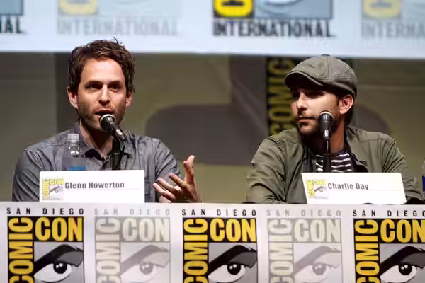 Glenn Howerton and Charlie Day speaking at the 2013 San Diego Comic Con International, for "It's Always Sunny in Philadelphia", at the San Diego Convention Cent