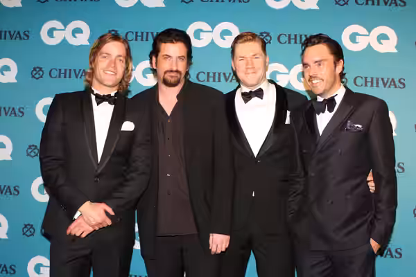 Left to right: w:Richard Davies (actor), w:Lachy Hulme, es:Alexander England and w:Damon Gameau promoting w:Howzat! Kerry Packer's War at GQ Australia Men of Th (2012)