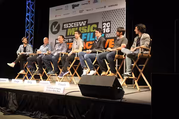 "SILICON VALLEY: Making the World a Better Place", a panel at SXSW 2016 starring the cast and creators of Silicon Valley (TV series). From left to right, pictur