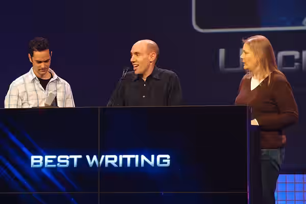 Uncharted 2. Left to right: Neil Druckmann, Josh Scherr, Amy Hennig. (2010)