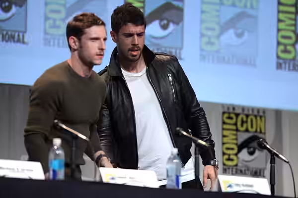 Jamie Bell and Toby Kebbell speaking at the 2015 San Diego Comic Con International, for "Fantastic Four", at the San Diego Convention Center in San Diego, Calif