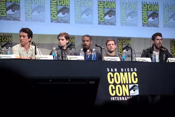 Miles Teller, Kate Mara, Michael B. Jordan, Jamie Bell and Toby Kebbell speaking at the 2015 San Diego Comic Con International, for "Fantastic Four", at the San