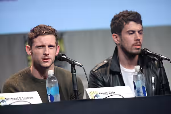 Jamie Bell and Toby Kebbell speaking at the 2015 San Diego Comic Con International, for "Fantastic Four", at the San Diego Convention Center in San Diego, Calif