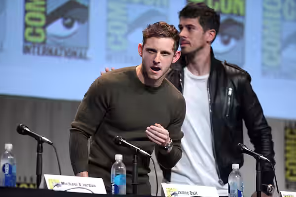 Jamie Bell and Toby Kebbell speaking at the 2015 San Diego Comic Con International, for "Fantastic Four", at the San Diego Convention Center in San Diego, Calif