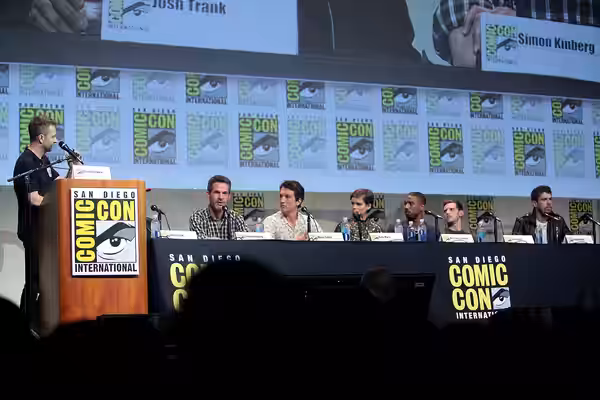Chris Hardwick, Simon Kinberg, Miles Teller, Kate Mara, Michael B. Jordan, Jamie Bell and Toby Kebbell speaking at the 2015 San Diego Comic Con International, f