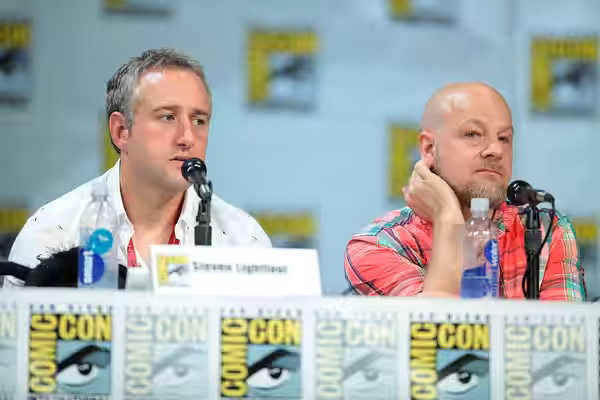 Steven Lightfoot and David Slade speaking at the 2014 San Diego Comic Con International, for "Hannibal", at the San Diego Convention Center in San Diego, Califo