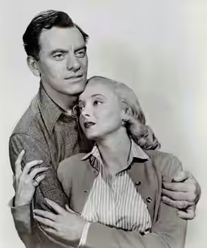 John Ireland & Carolyn Jones in the TV seriies Schlitz Playhouse of Stars, episode Prisoner in Town (1954) - publicity still (cropped) (1955)