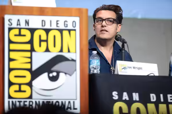 Joe Wright speaking at the 2015 San Diego Comic Con International, for "Pan", at the San Diego Convention Center in San Diego, California. Please attribute to G