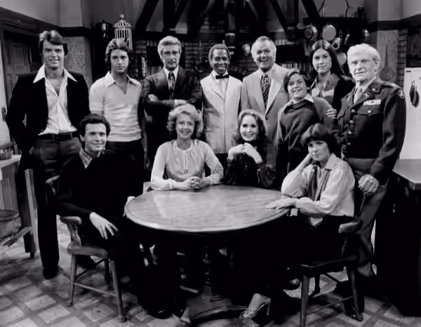 Photo of the entire cast of the television program Soap at its premiere. Standing, from left:Robert Urich (Peter Campbell), Ted Wass (Danny Dallas), Richard Mul