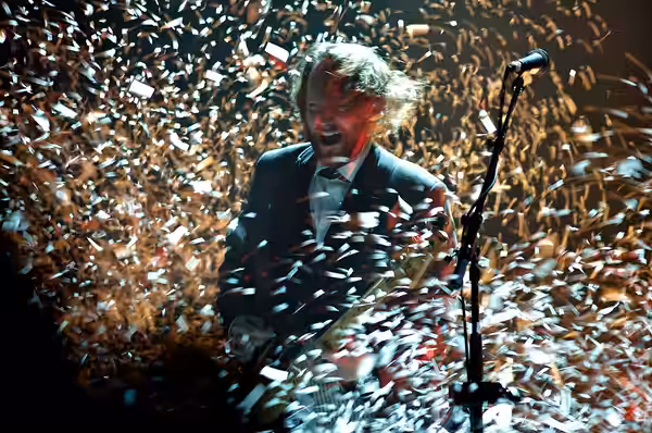 Georg Hólm, bassist of Sigur Rós, performing "Popplagið" in Laugardalshöllin, Reykjavík, Iceland. 23 November 2008.