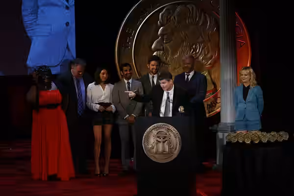 PHOTO CREDIT: ANDERS KRUSBERG / PEABODY AWARDS Mike Schur accepts the Peabody for "Parks and Recreation." He is joined on stage by Retta, Jim O'Heir, Aubrey Pla (2012)