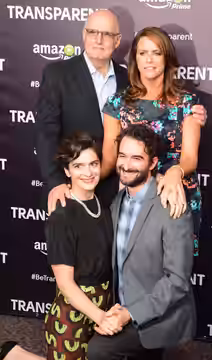 The cast of the show Transparent. Clockwise from top left: Jeffrey Tambor, Amy Landecker, Jay Duplass and Gaby Hoffmann (2015)