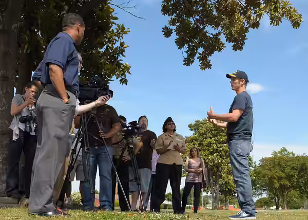 Peter Berg, director of the new science-fiction movie "Battleship," speaks to local media during a sneak preview of the movie for military members and their fam