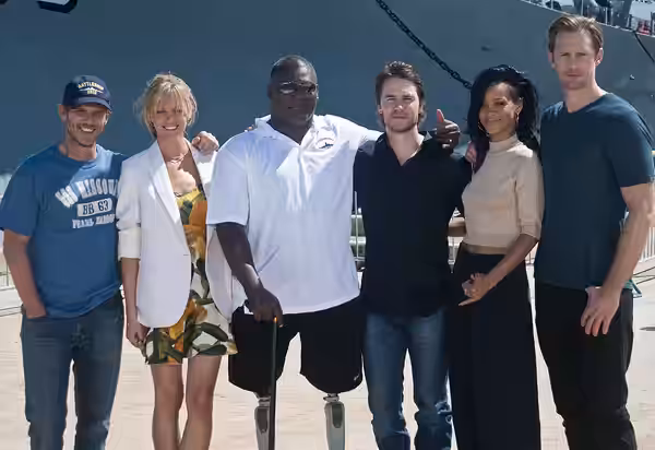 From left, Peter Berg, the director of 2012 science fiction naval war film, "Battleship," along with cast members Brooklyn Decker, Greg Gadson, Taylor Kitsch, R