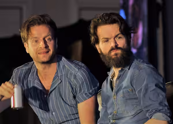Andrew Gower (L) and Stephen Walters (R) answer fan questions during their panel at Creation Entertainment's Outlander convention in Las Vegas on 14 July 2018.
