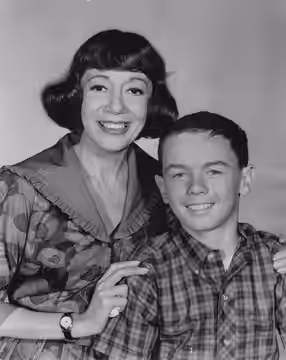 Publicity photo of Imogene Coca and Billy Booth promoting the episode "Aunt Grindl" for the television series Grindl.