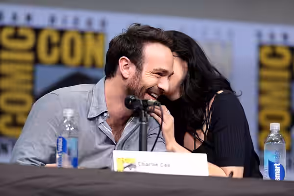 Charlie Cox and Krysten Ritter speaking at the 2017 San Diego Comic Con International, for "Marvel's The Defenders", at the San Diego Convention Center in San D