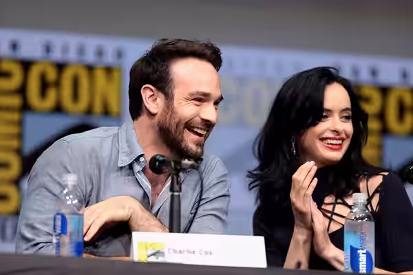 Charlie Cox and Krysten Ritter speaking at the 2017 San Diego Comic Con International, for "Marvel's The Defenders", at the San Diego Convention Center in San D