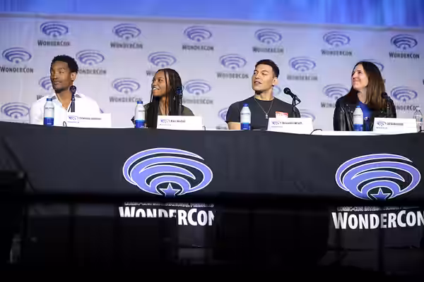 Cranston Johnson, Kaci Walfall, Alexander Wraith and Jill Blankenship speaking at the 2022 WonderCon, for "Naomi", at the Anaheim Convention Center in Anaheim, 