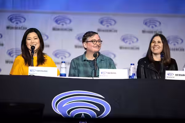 Christina Kim, Bob Berens and Jill Blankenship speaking at the 2022 WonderCon, for "TV Guide Magazine’s 2022 Fan Favorites: Warner Bros. Television Showrunners 