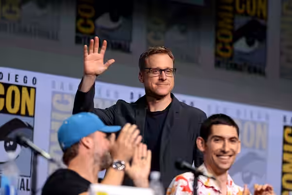 Tyler Labine, Alan Tudyk and Max Landis speaking at the 2017 San Diego Comic Con International, for "Dirk Gently's Holistic Detective Agency", at the San Diego 