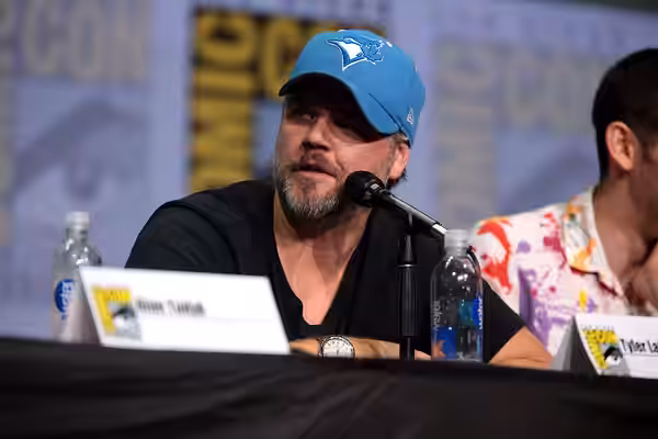 Tyler Labine speaking at the 2017 San Diego Comic Con International, for "Dirk Gently's Holistic Detective Agency", at the San Diego Convention Center in San Di