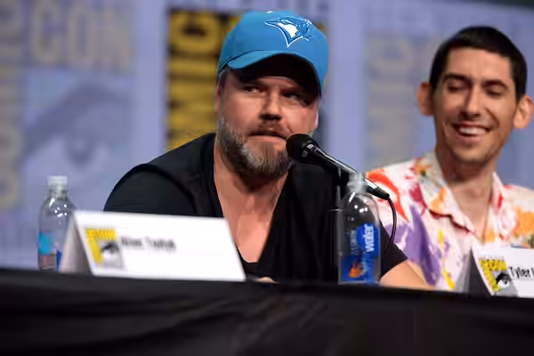 Tyler Labine and Max Landis speaking at the 2017 San Diego Comic Con International, for "Dirk Gently's Holistic Detective Agency", at the San Diego Convention C