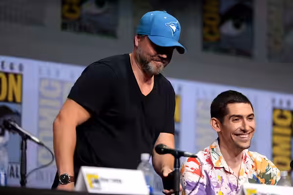 Tyler Labine and Max Landis speaking at the 2017 San Diego Comic Con International, for "Dirk Gently's Holistic Detective Agency", at the San Diego Convention C