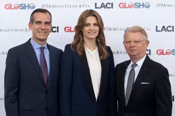 Mayor Eric Garcetti, Stana Katic, and Fred Walti at the Cleantech Global Showcase where cleantech thought leaders meet to exchange ideas, facilitate trade and i (2015)