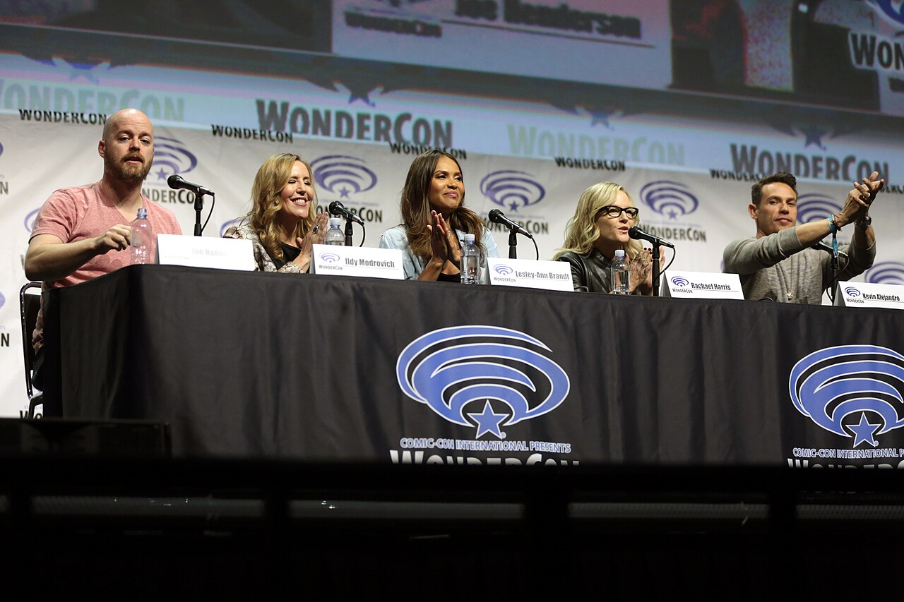 Joe Henderson, Ildy Modrovich, Lesley-Ann Brandt, Rachael Harris and Kevin Alejandro speaking at the 2017 WonderCon, for "Lucifer", at the Anaheim Convention Ce