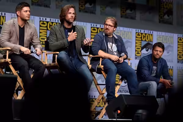 Jensen Ackles, Jared Padalecki, Andrew Dabb and Misha Collins speaking at the 2017 San Diego Comic Con International, for "Supernatural", at the San Diego Conve
