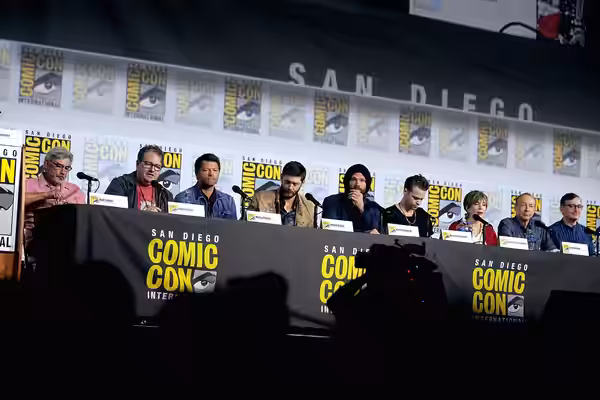 Bob Singer, Andrew Dabb, Misha Collins, Jensen Ackles, Jared Padalecki, Alexander Calvert, Eugenie Ross-Leming, Brad Buckner and Bob Berens speaking at the 2019