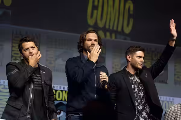 Misha Collins, Jared Padalecki and Jensen Ackles speaking at the 2018 San Diego Comic Con International, for "Supernatural", at the San Diego Convention Center 