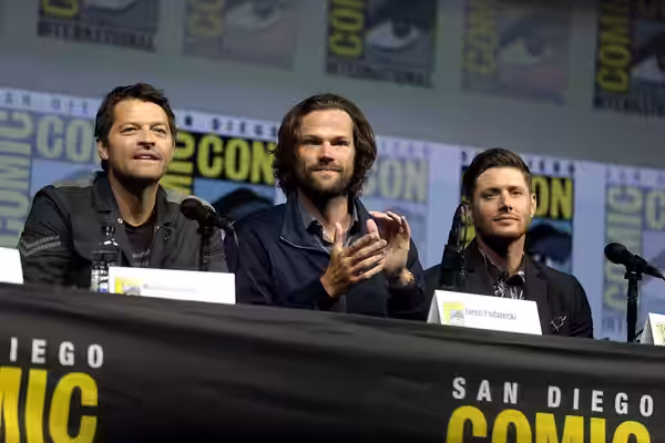 Misha Collins, Jared Padalecki and Jensen Ackles speaking at the 2018 San Diego Comic Con International, for "Supernatural", at the San Diego Convention Center 