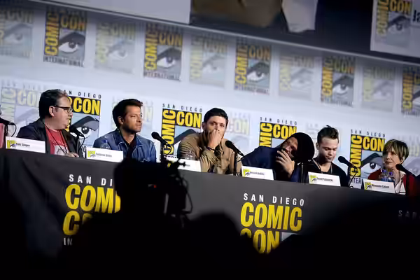 Andrew Dabb, Misha Collins, Jensen Ackles, Jared Padalecki, Alexander Calvert and Eugenie Ross-Leming speaking at the 2019 San Diego Comic Con International, fo