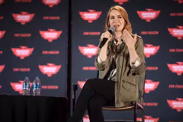 Felicia Day speaking with attendees at the 2022 Phoenix Fan Fusion at the Phoenix Convention Center in Phoenix, Arizona. Please attribute to Gage Skidmore if us