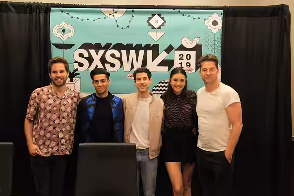 Ben Platt, Nina Dobrev, Mena Massoud, Scott Speedman, Ricky Tollman at SXSW during our round table interviews. (2019)